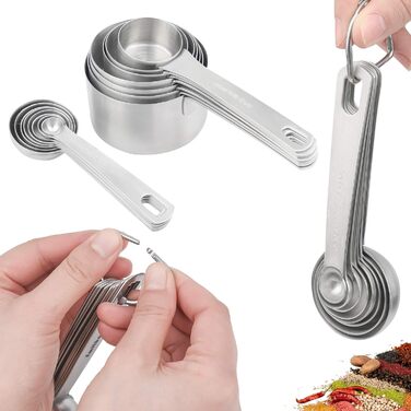 Stainless Steel Measuring Cups and Spoons Set, 8 Piece Measuring Cups, 9 Piece Spoons, 1 Leveler, 1 Conversion Chart for Stainless Steel Measuring Cups, 18/8 (304)