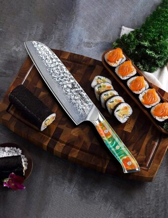 Японський ніж Сантоку 18 см Sanmuzuo Yao серія - ніж для кухні з дамаської сталі та дерев'яної ручки