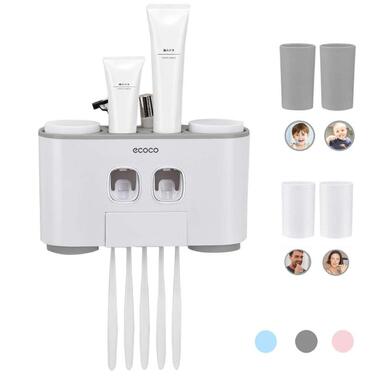 Автоматичний диспенсер зубної пасти та тримач для зубних щіток MHTECH (сірий) - комплект з 2 пресователями, 4 чашками та місцем для 5 щіток