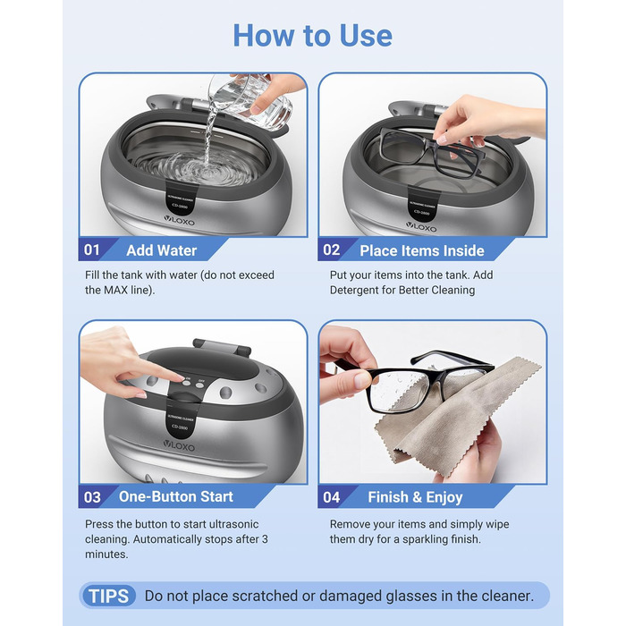 Ультразвукова мийка VLOXO 600мл, 42 кГц – для ювелірних виробів, інструментів, протезів, годинників, нержавіюча сталь, 50W