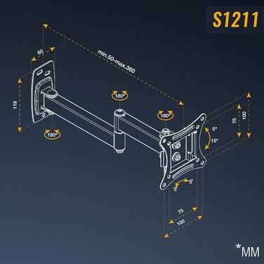 Кріплення для монітора на стіну RICOO S1211: поворотний тримач для монітора 13-34 дюймів (VESA 75x100)