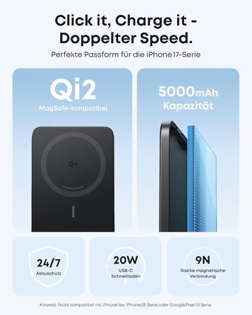 Powerbank Anker Nano: 5000mAh, Qi2, 15W, MagSafe, чорний