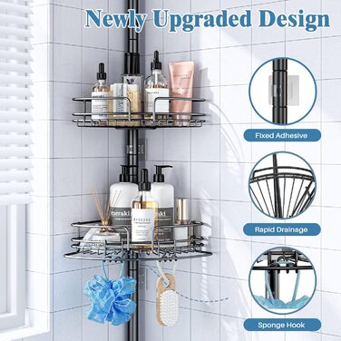 Телескопічна поличка для душу, регульована висота 58,5-317,5 см, чорна. Без свердління, для ванної кімнати