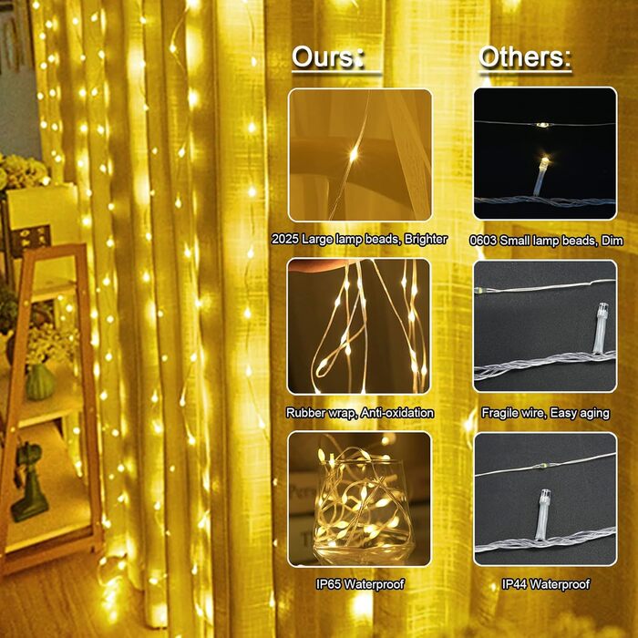 Лампочки-завіса 3x3м, 300 LED, USB, 8 режимів, пульт, IP65, тепле світло, для декору, свята, вечірки