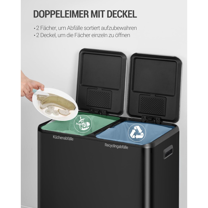 Відро для сміття з сортуванням 60 л, нержавіюча сталь, з педаллю, 2 відділення, SW06099E (Чорний)