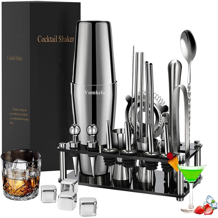 Cocktail Shaker Set, Boston Cocktail Shaker with Stand, 25pcs Bar Accessories Cocktail Mixer Supplies, 750ml Stainless Steel Cocktail Shaker Gifts, Cocktail Decor Bar Counter Pourer Spirits
