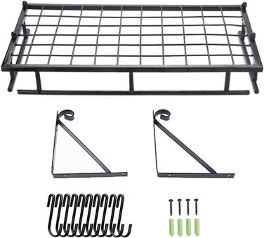 K-1121 60 CM Black Large Kitchen Shelf, Wall Shelf for Pots, Pans, and Utensils, Hanging Shelf with 10 Hooks