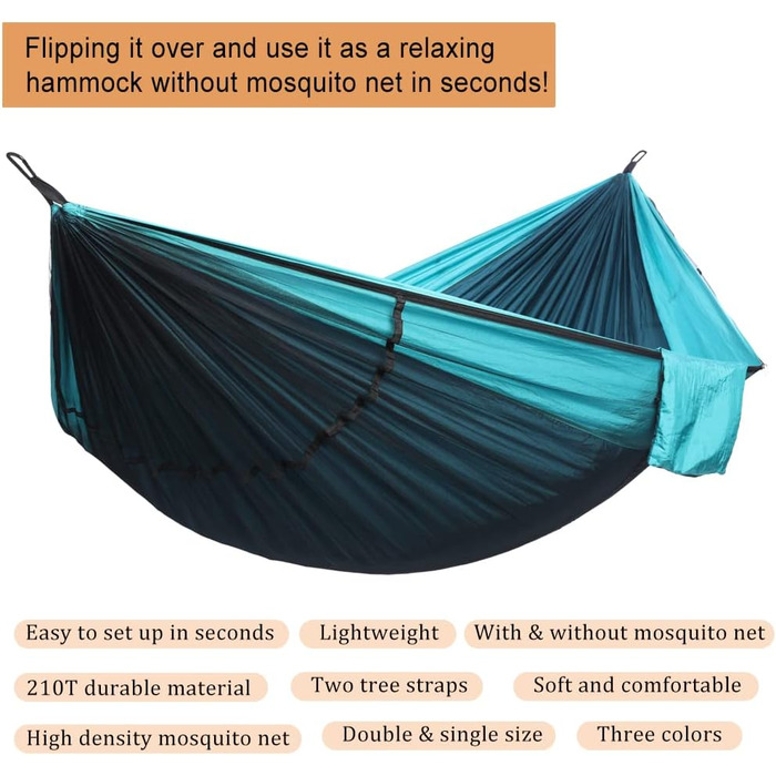 Гамак для кемпінгу з москітною сіткою, подвійний та одинарний, з ременями для дерев та карабінами, гамак-парашут для кемпінгу, подорожей та піших прогулянок, блакитний/темно-синій, 300 x 200 см