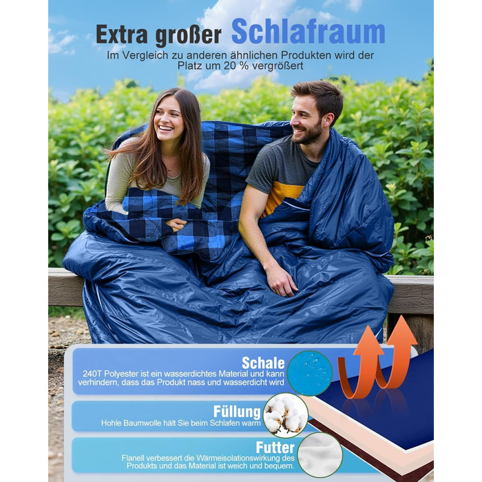 Спальний мішок для двох осіб з фланелі, 220 x 160 см, Outdoor, з двома подушками та сумкою для перенесення, блакитний