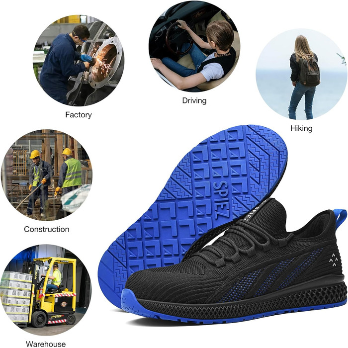 Робочі черевики SPIEZ для чоловіків та жінок, легкі, slip-on, з дихаючою сіткою, захист пальців Composite, неслизькі для складу, промисловості та повсякденного використання, чорно-сині, розміри EU35-46 (41 EU)