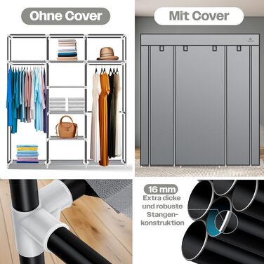 KESSER® Wardrobe Clothes Closet Stable with Clothes Rail & Shelves, Incl. 5x Clothes Hangers, Fabric Folding Closet for Bedroom, Dressing Room Wardrobe with Clothes Rack 150x45x175cm (Grey)