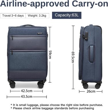 Валіза British Traveller синя 24'' (L) – м'яка, легка, текстильна, на 4 колесах, з TSA-замком, для подорожей, ручна поклажа