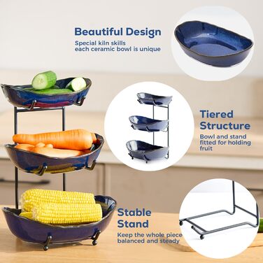 DUJUST Трирівнева етажерка для фруктів з кераміки, 3 яруси, сучасний дизайн, обпалена глазур, для кухні, зберігання фруктів, стабільна, придатна для миття в посудомийній машині