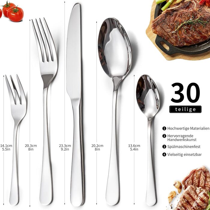 LAZAHOME Cutlery Set, Stainless Steel Mirror Polished 30-Piece Cutlery Set for 6 People, Dining Cutlery Set with Knife Fork Spoon for Family/Party/Hotel/Restaurant, Silver Table Cutlery, Dishwasher Safe Silver 30 Pieces