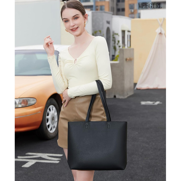 Сумка жіноча шоппер Tote Bag з PU шкіри, чорна: для роботи, школи, покупок, з блискавкою та внутрішніми кишенями