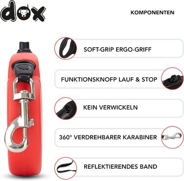 Рулетка для собак DDOXX - міцна, світловідбиваюча, до 10 кг, 4 м (червона)