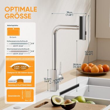 Кухонний змішувач BESy з 3 режимами струменя, висувна лійка, водоспад, поворотний на 360°, для високого тиску, з нержавіючої сталі SUS304, щіткова обробка