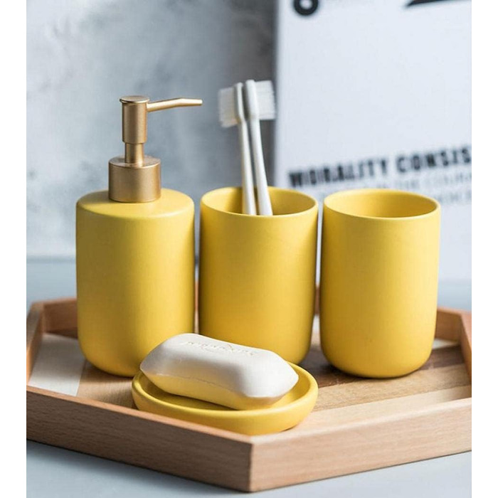 Набір аксесуарів для ванної кімнати з кераміки, 3 шт. (Жовтий) - мильниця, дозатор мила, стакан для зубних щіток