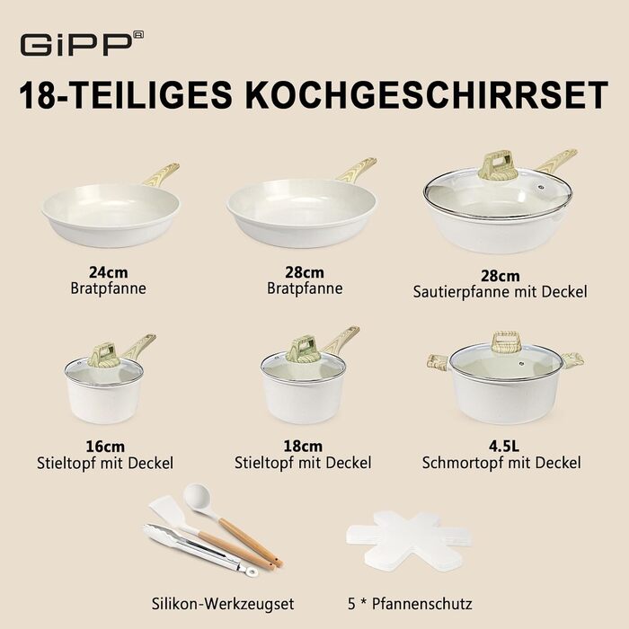 Набір посуду GiPP 17-ти частинний: каструлі, сковорідки з антипригарним покриттям, сковорідки 24+28 см, каструля 4.2 л, каструлі 16+18 см, сковорода для омлету з 4-ма отворами, лопатка та ложка, підходить для всіх типів плит (білий)