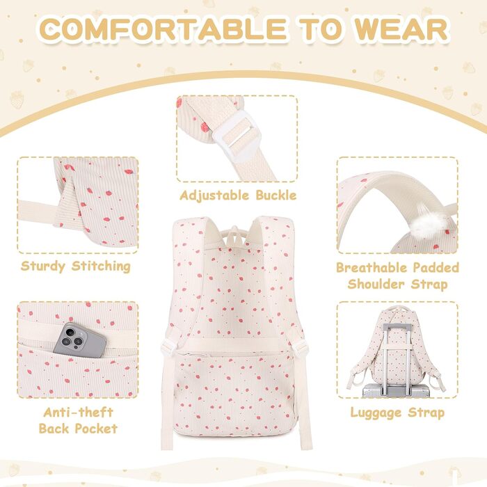 Дитячий рюкзак для дівчаток - шкільний рюкзак для учнів середньої школи - рюкзак для початкової школи (Бежевий, Полуниця)