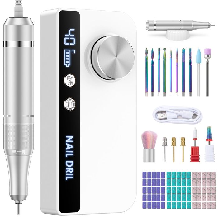 Електричний фрезер для нігтів з LCD дисплеєм, 40000 об/хв, 15 насадок, для манікюру та педикюру, F/R напрямок обертання, для салону та дому (білий)