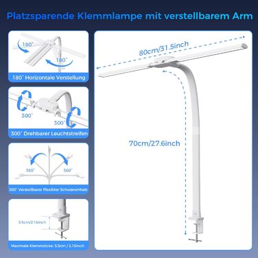 Світлодіодна настільна лампа з димером LED 24W, 1400LM, подвійний гнучкий винос, пульт, USB зарядка, білий колір T01