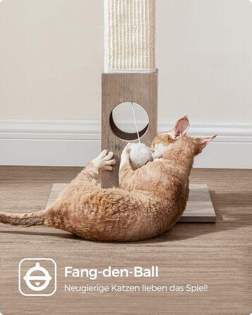 Feandrea Scratching Post, Scratching Trunk, Cat Tree, 10 cm Thick Trunk, Scratching Column Made of Natural Sisal Rope, 73 cm High, with Plush Play Ball, Furniture Scratch Protector, Greige PCA021G01