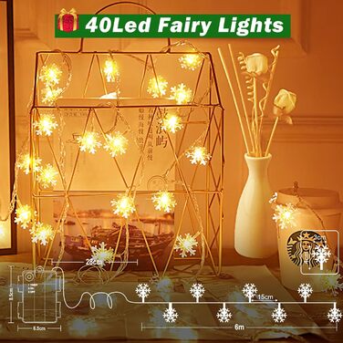 LED гірлянда Шнеєфлоке, 6 м, 40 LED, на батарейках, з таймером, IP65, вологостійка, для декору саду, дому, кемпінгу, Різдва, тепле біле світло