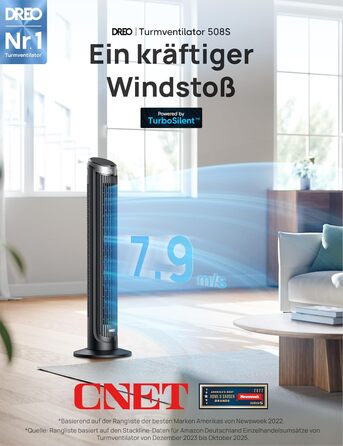 DREO Smart Tower Ventilator: Тихий вентилятор з Wi-Fi, дистанційним керуванням та керуванням голосом (Alexa), 90° осциляція, 5 швидкостей, 12-годинний таймер, сріблястий
