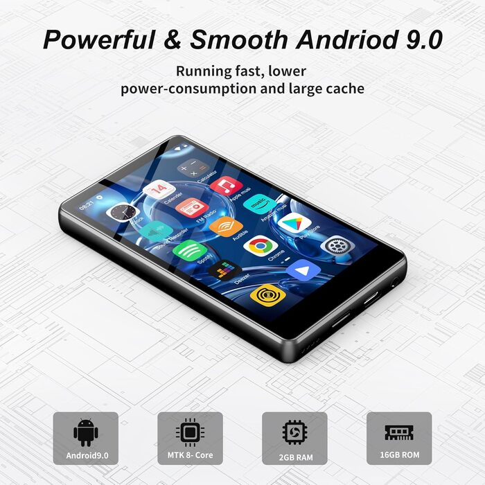 MP3 плеєр SWOFY 80GB з Bluetooth та Wi-Fi, 4.0-дюймовий сенсорний екран, Android MP4 плеєр з підтримкою Spotify, Amazon Music, FM-радіо та браузером (Чорний)