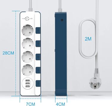 Мережевий фільтр KEPLUG з 6 розетками та 3 USB-портами (4000W, 16A), блакитний, з дитячим захистом, 2 м кабель