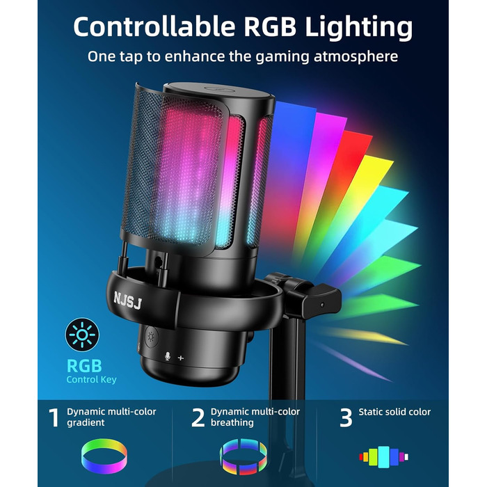 Мікрофон для ПК NJSJ Gaming RGB, для стрімінгу та запису, USB, сумісний з PS4/PS5/Mac, з регулятором гучності, чорний