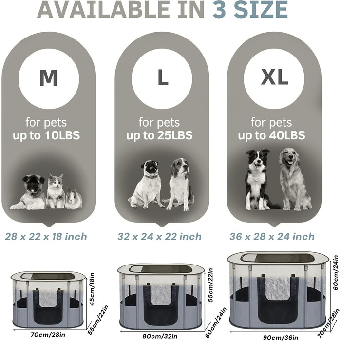 Portable Dog House Pet Pen 90x70x60cm Foldable Pet Playpen Rectangular Enclosure Kitten Cave Dog House Puppy Playpen Closed Pet Tent (Grey)