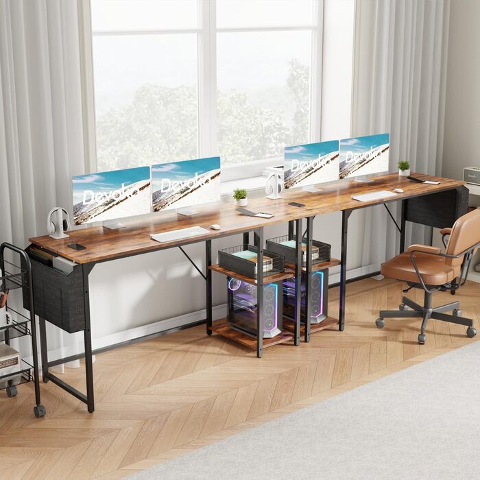 Devoko 140cm Computer Desk with Reversible Shelf, Small Desk with Headphone Hooks, Small Computer Desk for Home Office, Small Office Desk for Home Office, Vintage Brown 140 x 50 cm Vintage Brown