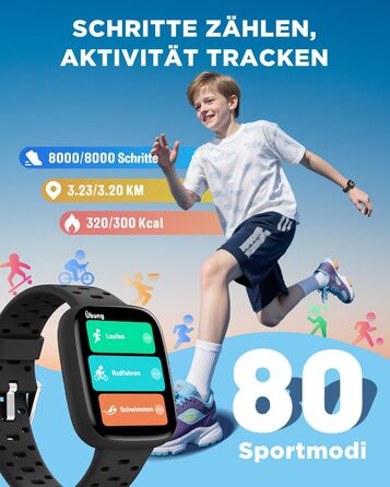 Смарт-годинник BIGGERFIVE для дітей з/без додатку, 1.8' фітнес-годинник, крокомір, пульсометр 24/7, будильник, водонепроникність 30м, монітор сну, пазли-ігри, 100+ циферблати для дівчаток, хлопчиків, підлітків 5–16, чорний