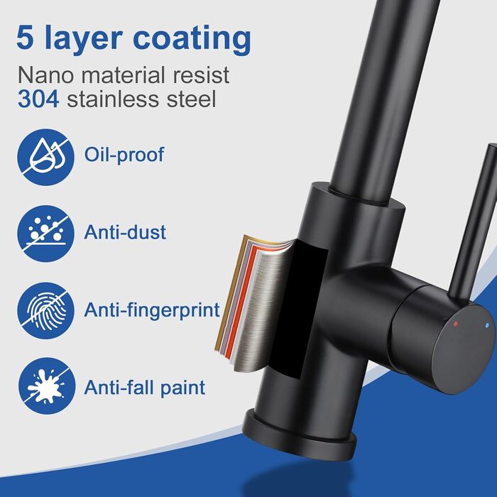 Висувна кухонна змішувач з душем, 360° поворот, кухонна арматура з двома режимами струменя, з нержавіючої сталі, чорний, з висувною насадкою
