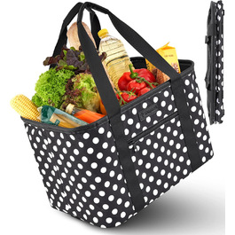 Foldable Shopping Basket in Premium Quality | Shopping Bag with Soft PU Leather Handle | Ideal Shopping Basket with 30 Liter Capacity | Sturdy & Secure Shopping Bag (Black/White Dotted)