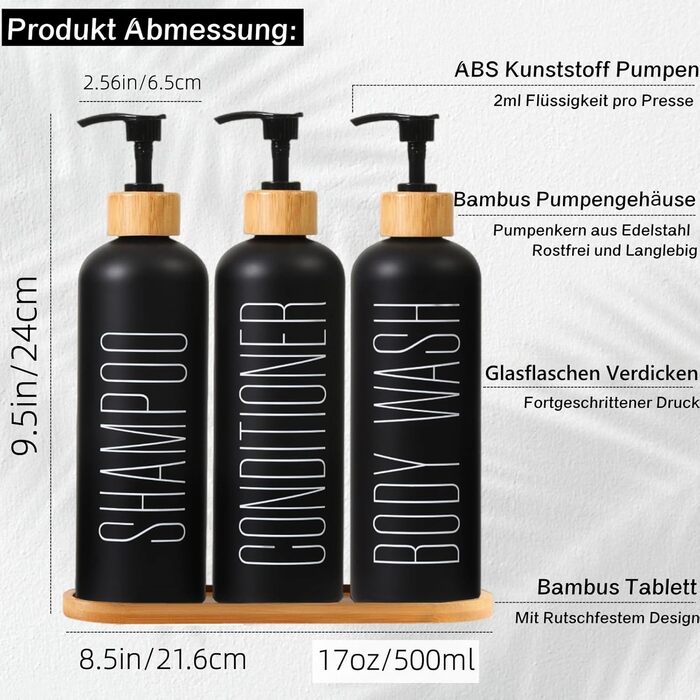 Набір з 3 чорних скляних флаконів для шампуню, гелю для душу та мила (500 мл)