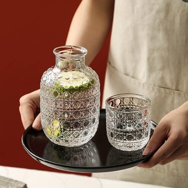 Vintage bedside carafe and cup, glass tea set for one, embossed gemstone texture design (transparent)