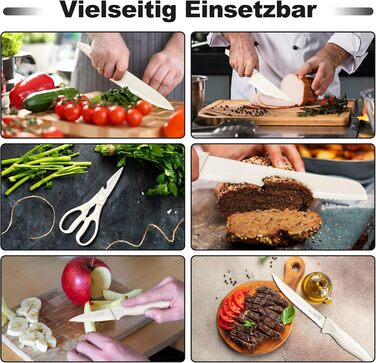 Набір ножів Joyfair 15 предметів з підставкою, з високоякісної вуглецевої сталі, з точильним каменем, для кухні, з кухонним ножем, ножем для хліба, ножицями, для нарізання та подрібнення (білий)