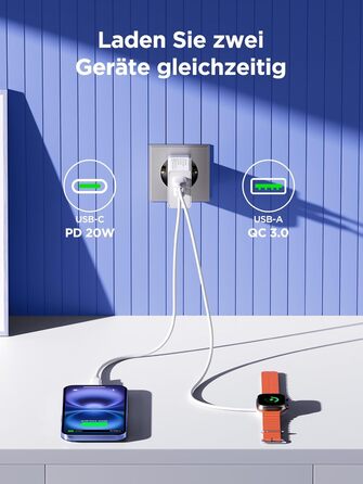 Зарядний пристрій USB C з двома портами, 20W, PD 3.0, Power Adapter з кабелем USB C - USB C 2м, для iPhone, Samsung та інших смартфонів, білий
