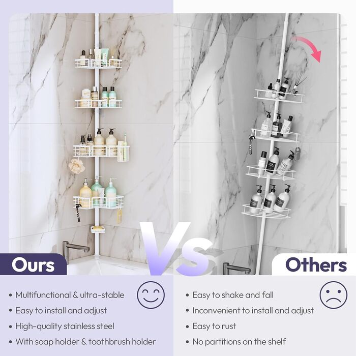 Поличка для душу SWTYMIKI телескопічна, кутова, з мильничкою та тримачем для зубних щіток, 4 гачки, регульована, не потребує свердління, нержавіюча сталь, 70-275 см, білий