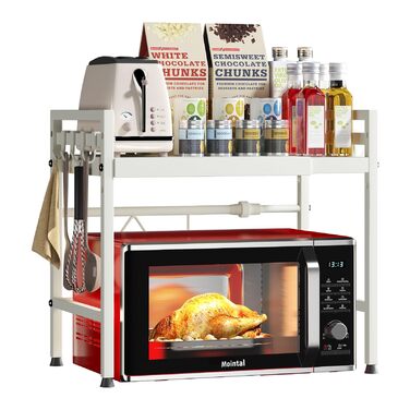 Регульована підставка для мікрохвильової печі, 2-рівнева, розширювана, з вуглецевої сталі, з 8 гачками, для кухні