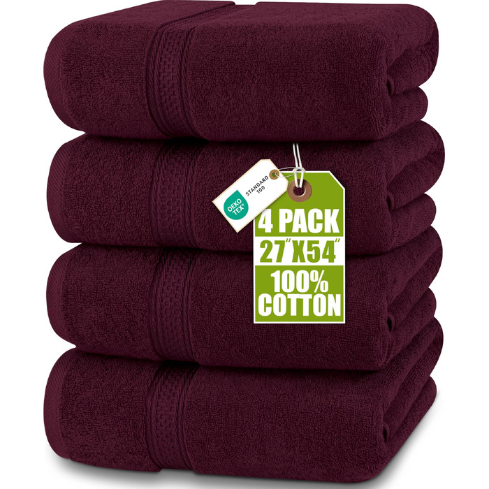 Набір банних рушників Utopia Towels, 100% бавовна, преміум якість 600 г/м², гігроскопічні та м'які, бордовий колір (4 шт.)