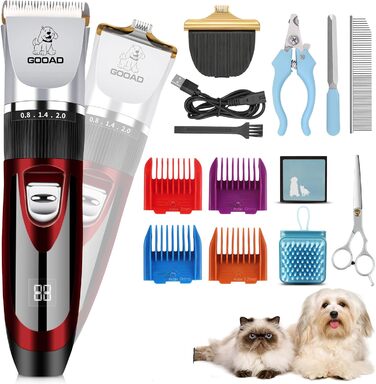 Електрична машинка для стрижки собак та котів, тиха, USB, акумуляторна, бездротова (червона)