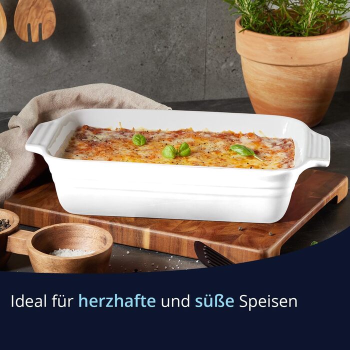 Форма для запікання KHG велика 40 см, 3 л, для 4-6 осіб, кераміка, прямокутна, стійка до подряпин, для лазаньї, тірамісу та іншого (1 шт, біла)