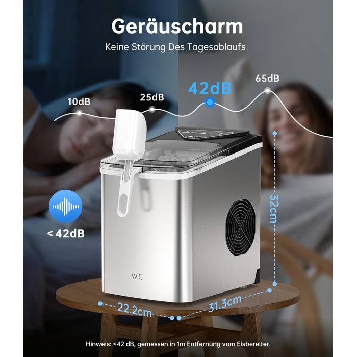 Машина для приготування льоду WIE 1.3L, 9 кубиків за 6 хвилин, тиха, самоочисна, для кухні, офісу, бару, вечірки (срібляста)