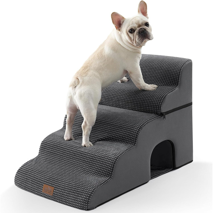 Dog stairs for small dogs, pet stairs for loft beds made of high-density foam, dog stairs/ramp with washable cover (83x50x57cm - Hole, 5.0) (Black and Gray)