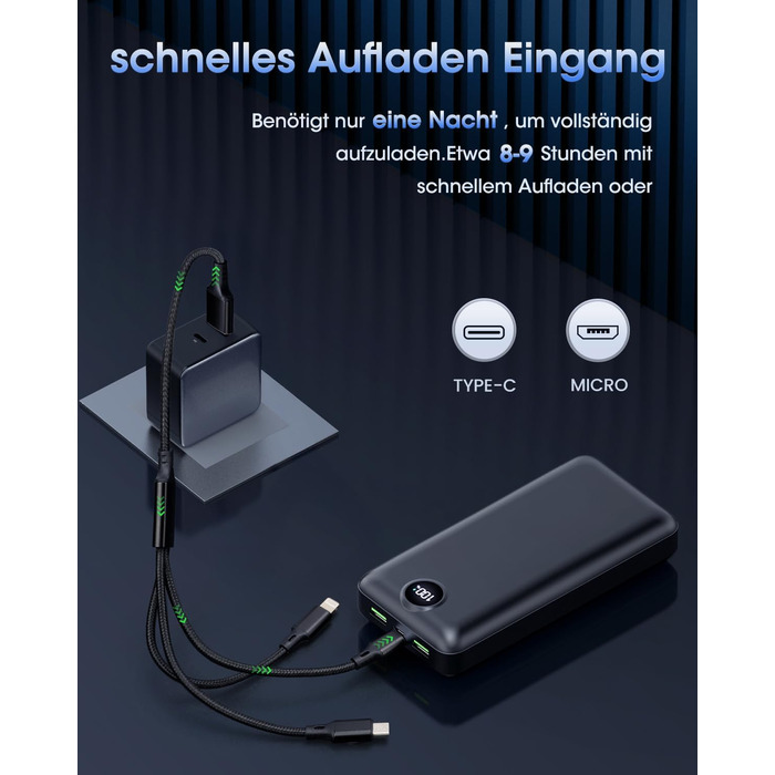 Power Bank 50000mAh з 3 кабелями, швидка зарядка 22.5W, USB-C, LED дисплей, сумісний з iPhone, iPad, Android - Чорний