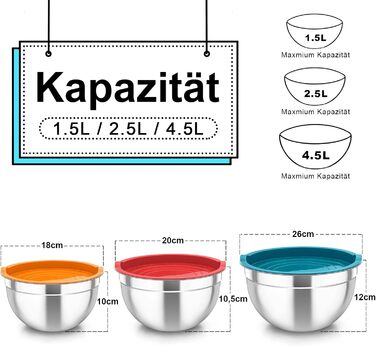 Набір мисок TEAMFAR з нержавіючої сталі, 3 шт. з кришкою, 4.5L/2.5L/1.5L, для приготування їжі, випічки та сервірування, миюча посудомийна машина, кольорові